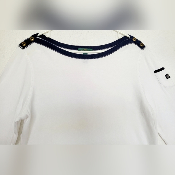 Lauren Ralph Lauren Womens Organic 100%Cotton 3/4 Sleeves Top White/Navy XL - Picture 13 of 16
